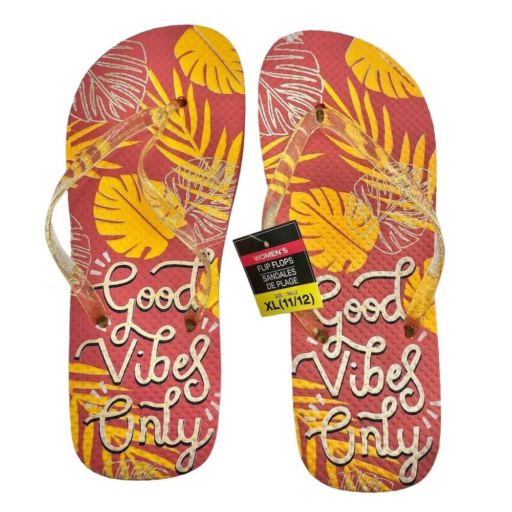Womens XL Flip Flops "Good Vibes Only" Pink & Yellow Tropical Print Size 11/12